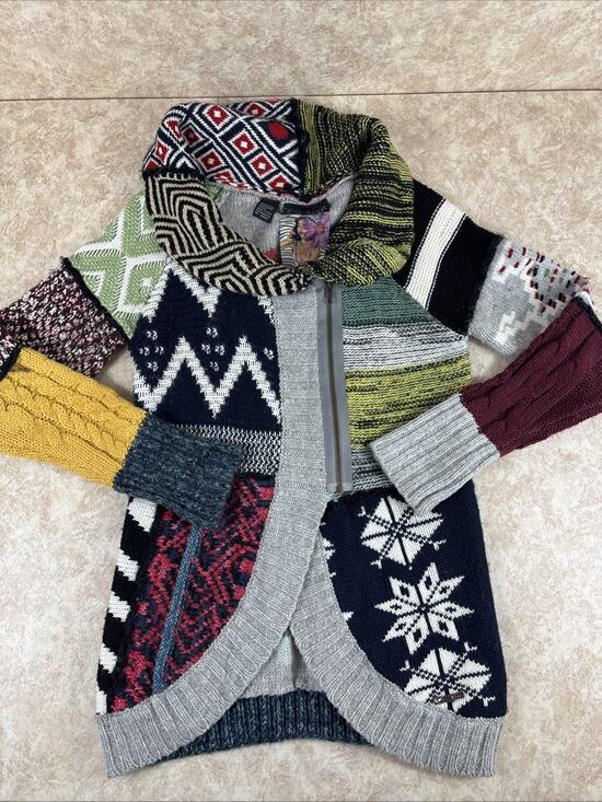 Desigual Sweaters - Desigual Why? Multicolor Patchwork Zipper Colorblock Knit Cardigan Size L